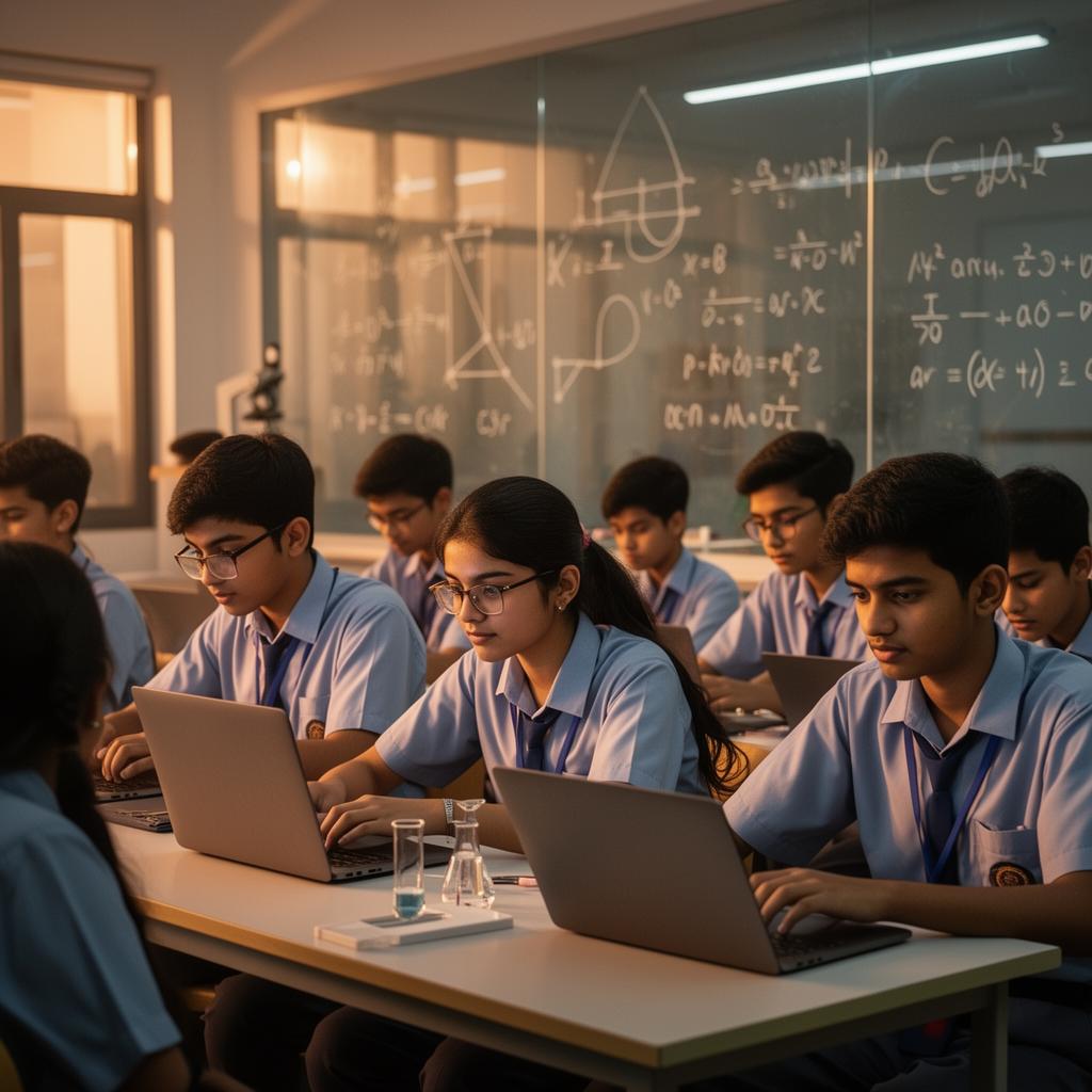 Students at Brahmam Talent School working on IIT/NEET foundation prep with laptops and physics equations